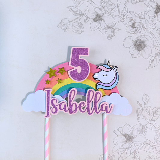 Personalised Cake Topper - Pastel Rainbow, Unicorn, Glitter Characters
